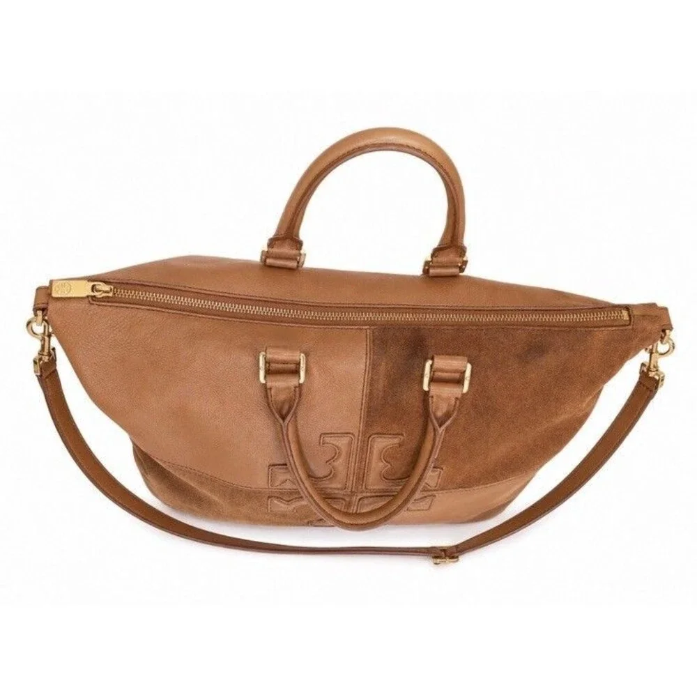 Tory Burch Natalie Patchwork Satchel Camel Brown Size Large Crossbody Strap